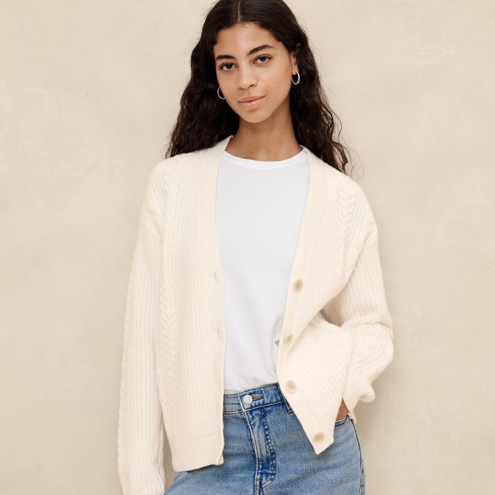 Banana Republic Factory Cream Cable Knit Button Cardigan